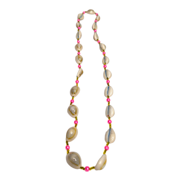 Hawaiian White & Blue Cowrie Sea Shell Necklace with Pink Faux Pearls Vtg - Picture 6 of 6